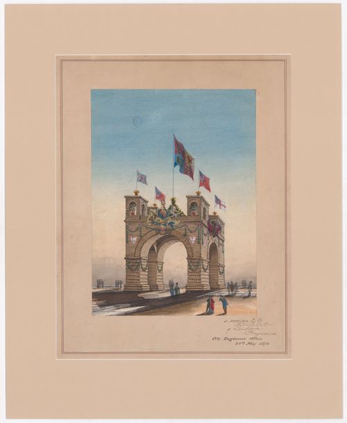 Perspective for a temporary welcome arch for the visit of the Marquess of Lorne and Princess Louise to Toronto, September 1879