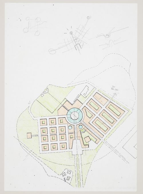 New Town Centre, Caselecchio di Reno, Italy: plan and sketches