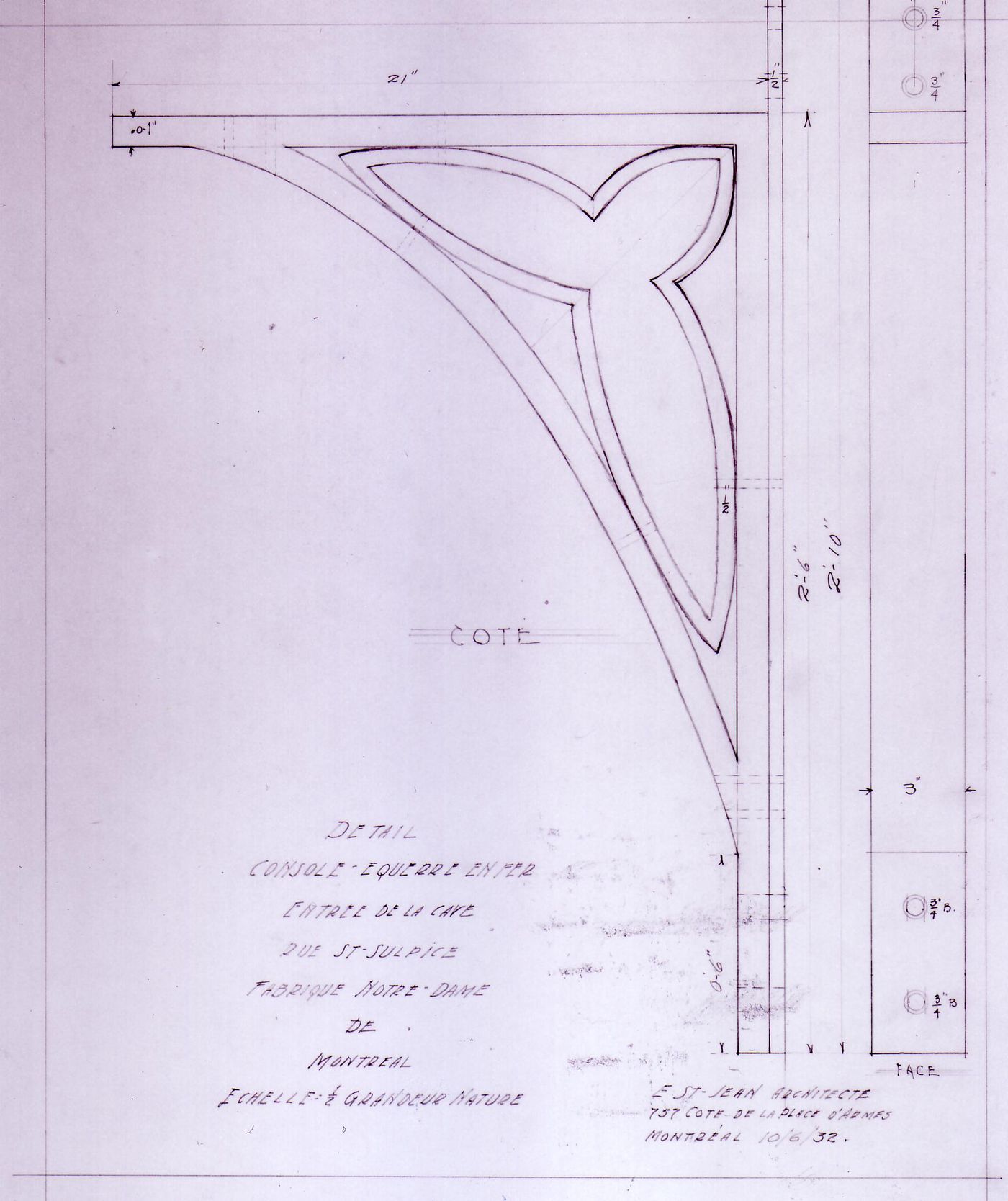 Front and lateral elevations for a decorative bracket for a basement entrance for Notre-Dame de Montréal, apparently for the renovations of 1929-1949