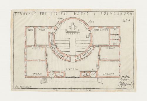Ground plan for Lister härads tingshus showing a circular courtroom, Sölvesborg, Sweden