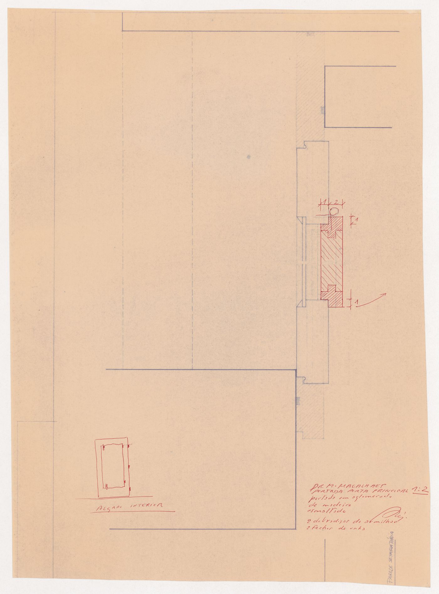 Plan and elevation for main entrance to Casa Manuel Magalhães, Porto