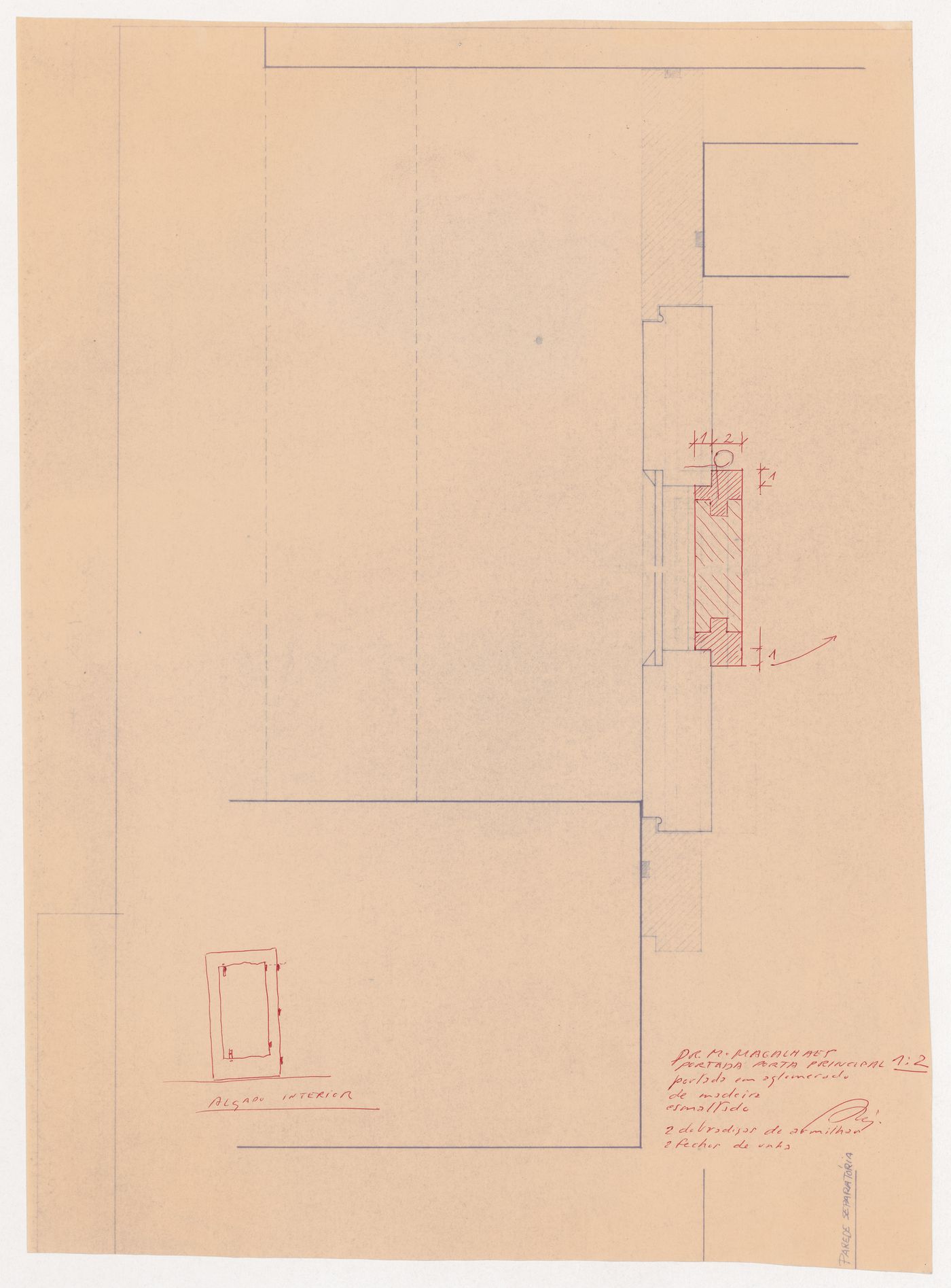 Plan and elevation for main entrance to Casa Manuel Magalhães, Porto