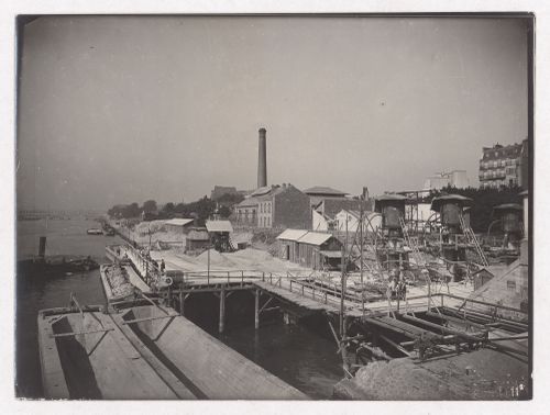 Construction of the Paris Metro, exterior view of construcion site on the Seine, Paris, France