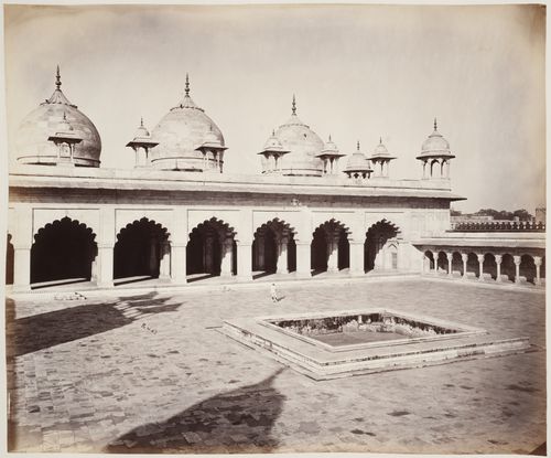 View of the façade of the Moti Masjid [Pearl Mosque] with a courtyard and recessed pool in the foreground, Agra Fort, Agra, India