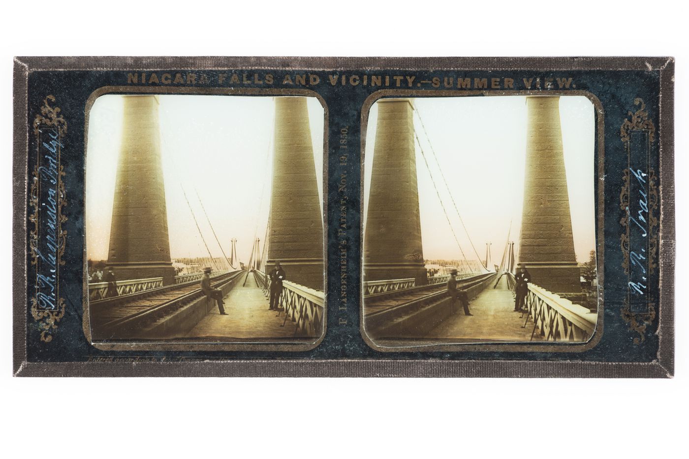 Railroad suspension bridge over Niagara River, showing track and pedestrians, possibly Niagara Falls, New York