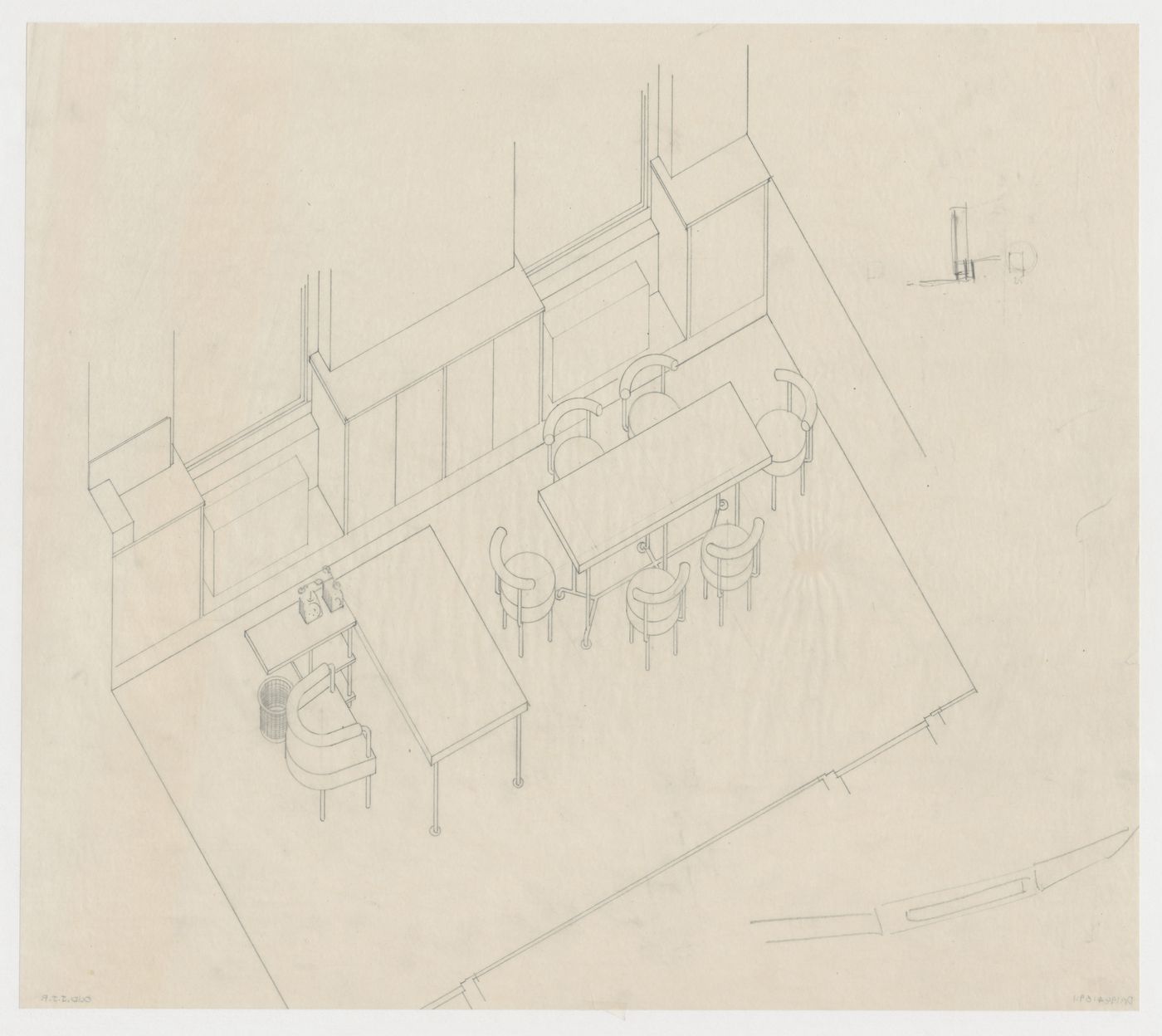 Axonometric for furniture for M.J.I. de Jonge van Ellemeet's office in Rotterdam City Hall, Netherlands