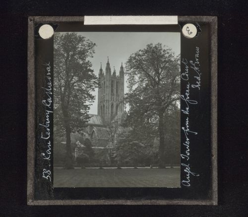 Exterior view of tower of Canterbury Cathedral from the Green Court, Canterbury, Kent, England