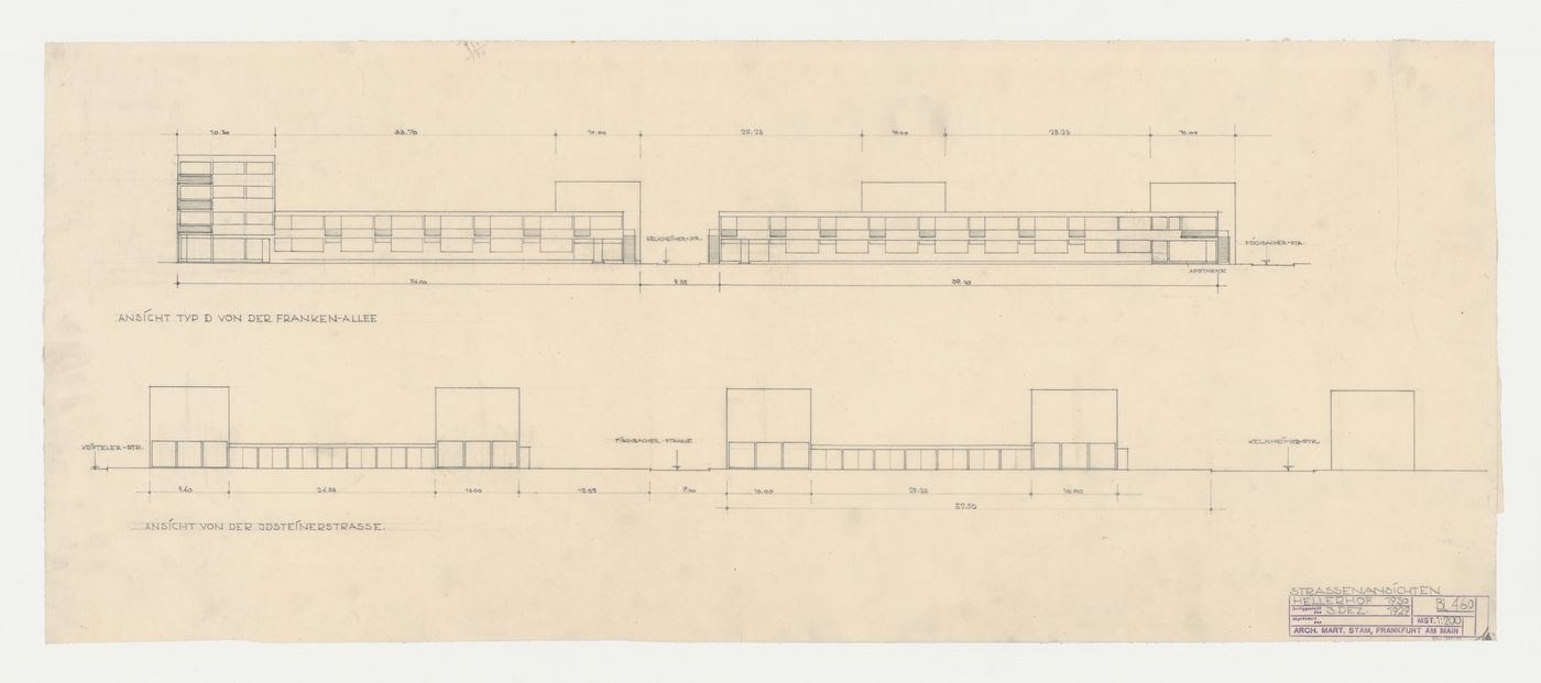 Street elevations for housing units on the Frankenallee and Idsteinerstrasse, Hellerhof Housing Estate, Frankfurt am Main, Germany