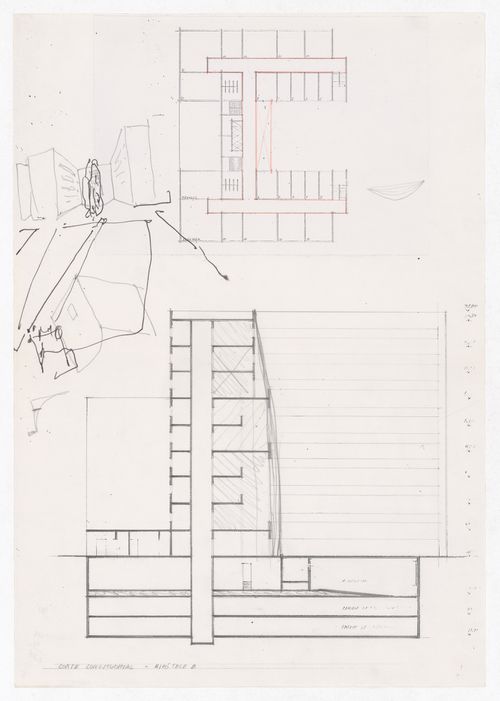 Floor plan, section, and sketch perspective for Plano Urbanístico Boulevard Brune, Paris, France