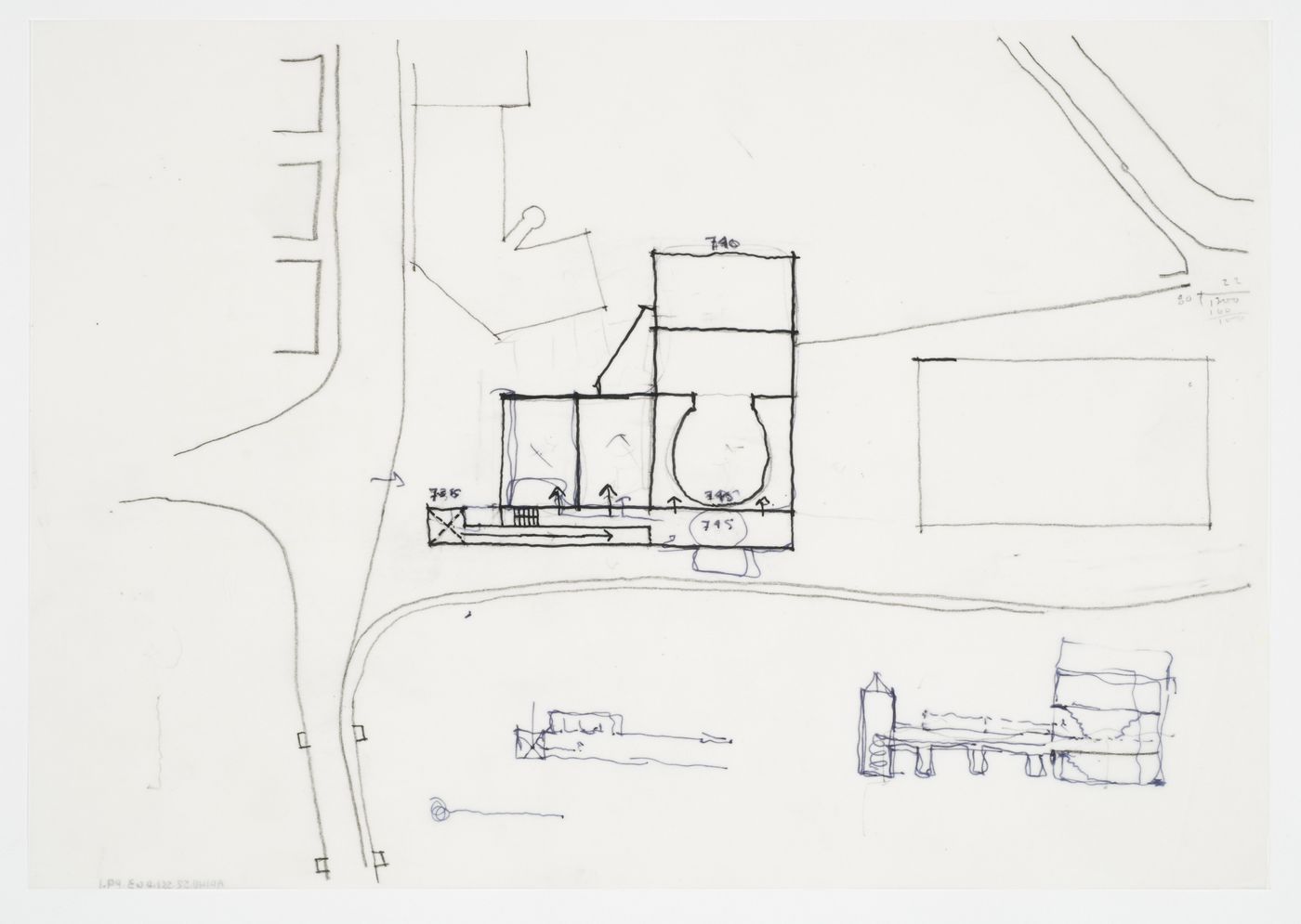 Center for Theatre Arts, Cornell University, Ithaca, New York: site plan and section