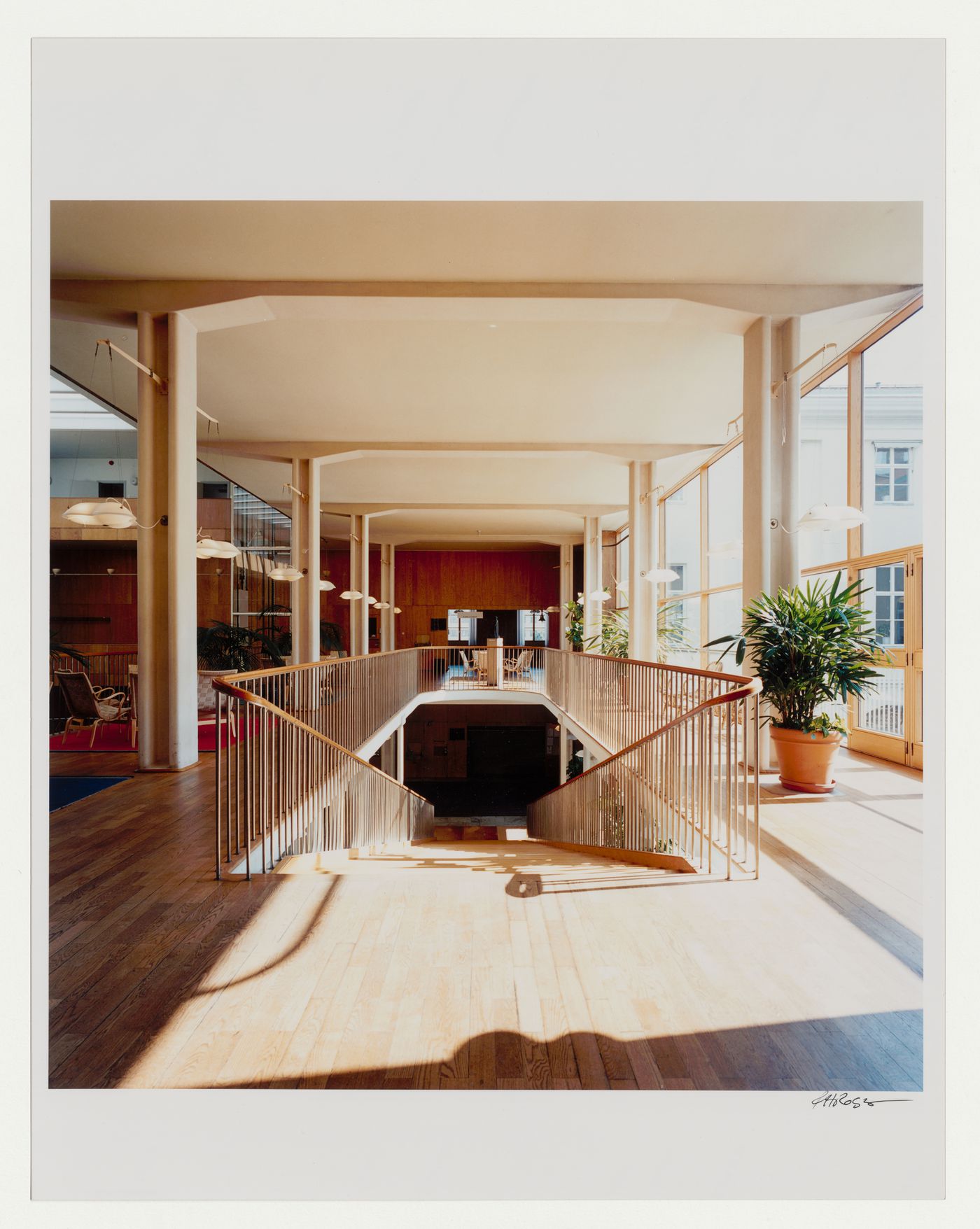 View of staircase, from the main floor waiting area and looking down towards ground floor, Göteborgs rådhusets tillbyggnad [courthouse annex], Göteborg, Sweden