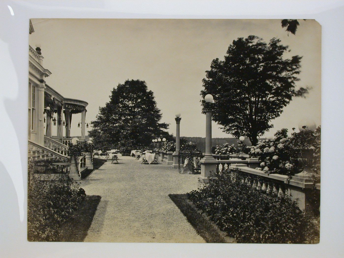 View of the Longue Vue Golf Course clubhouse terrace with the porch on the left, New York [?], United States