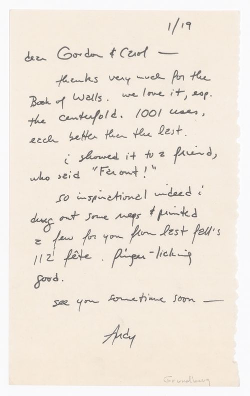 Letter from Andy [Grundberg] to Gordon Matta-Clark and Carol Goodden