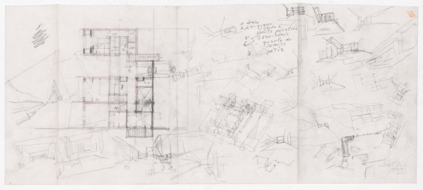 Sketch plan, axonometric view, and perspectives for Casa Guardiola, Puerto de Santa Maria, Spain