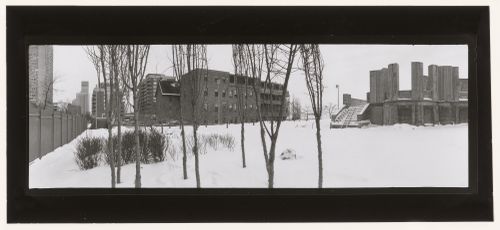 View in winter showing apartment houses in the background, CCA garden, Montréal, Québec, Canada