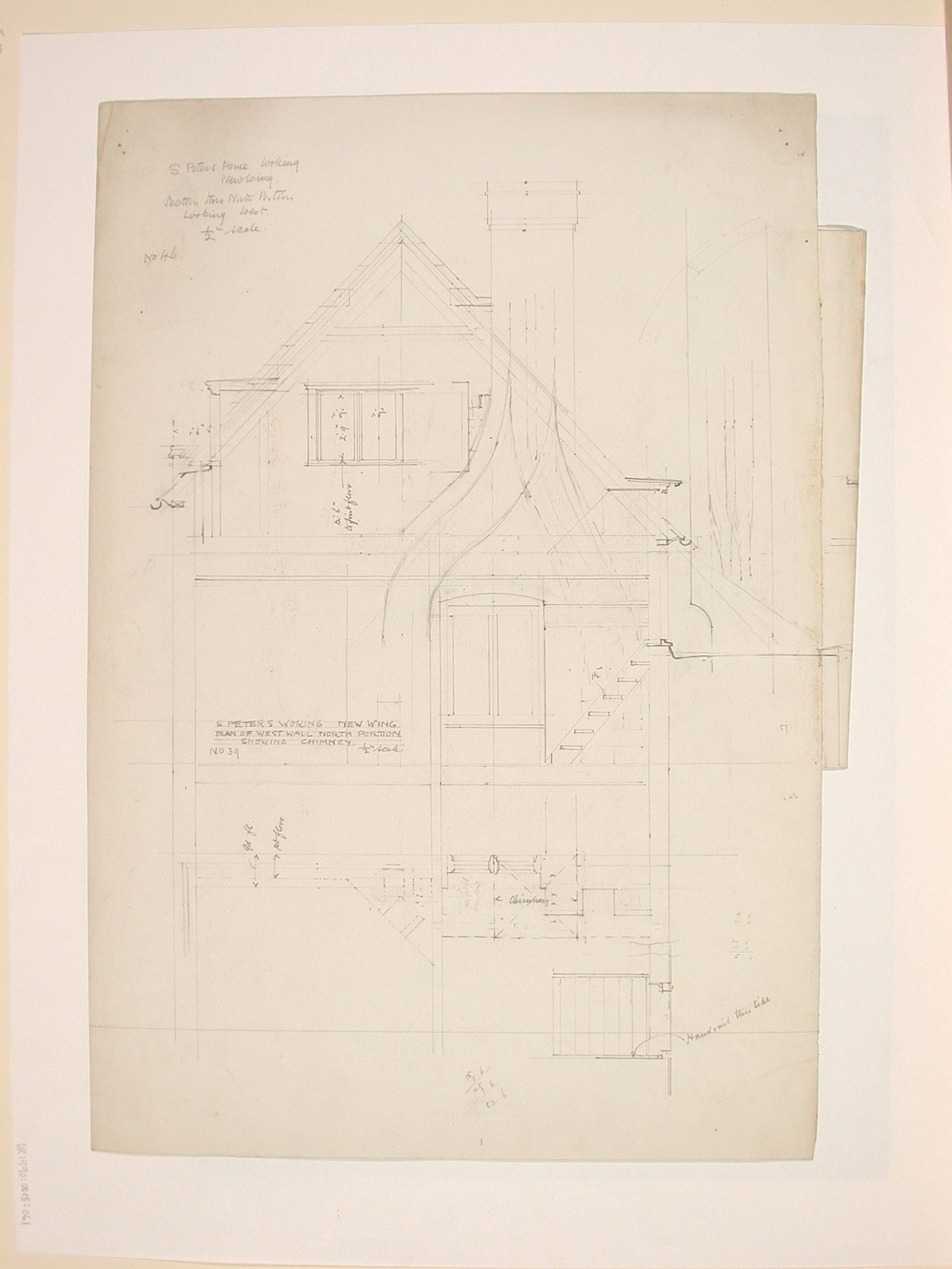 St. Peter's Home, Woking: Sectional elevation for the north portion of the new wing, looking west