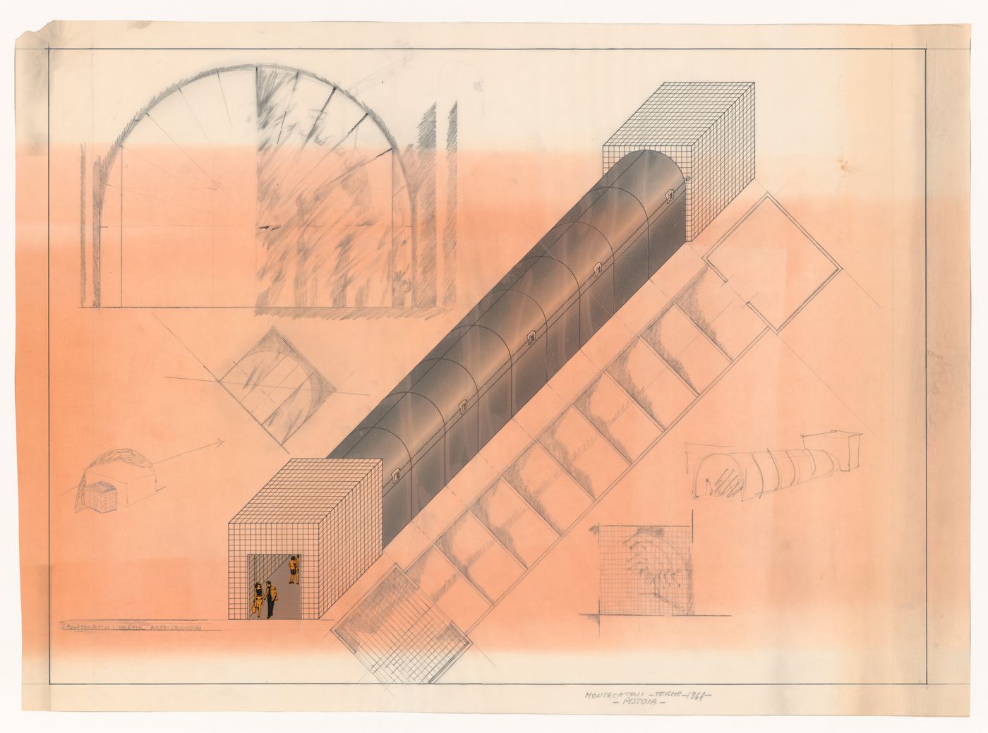 Axonometric with sketches for Design shop, Montecatini Terme, Pistoia, Italy