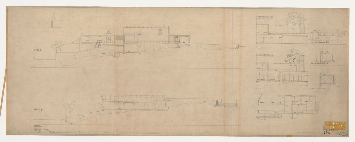 Sections 8 to 12 and elevations for a lavatory for the Woodland Crematorium, Woodland Cemetery, Stockholm, Sweden