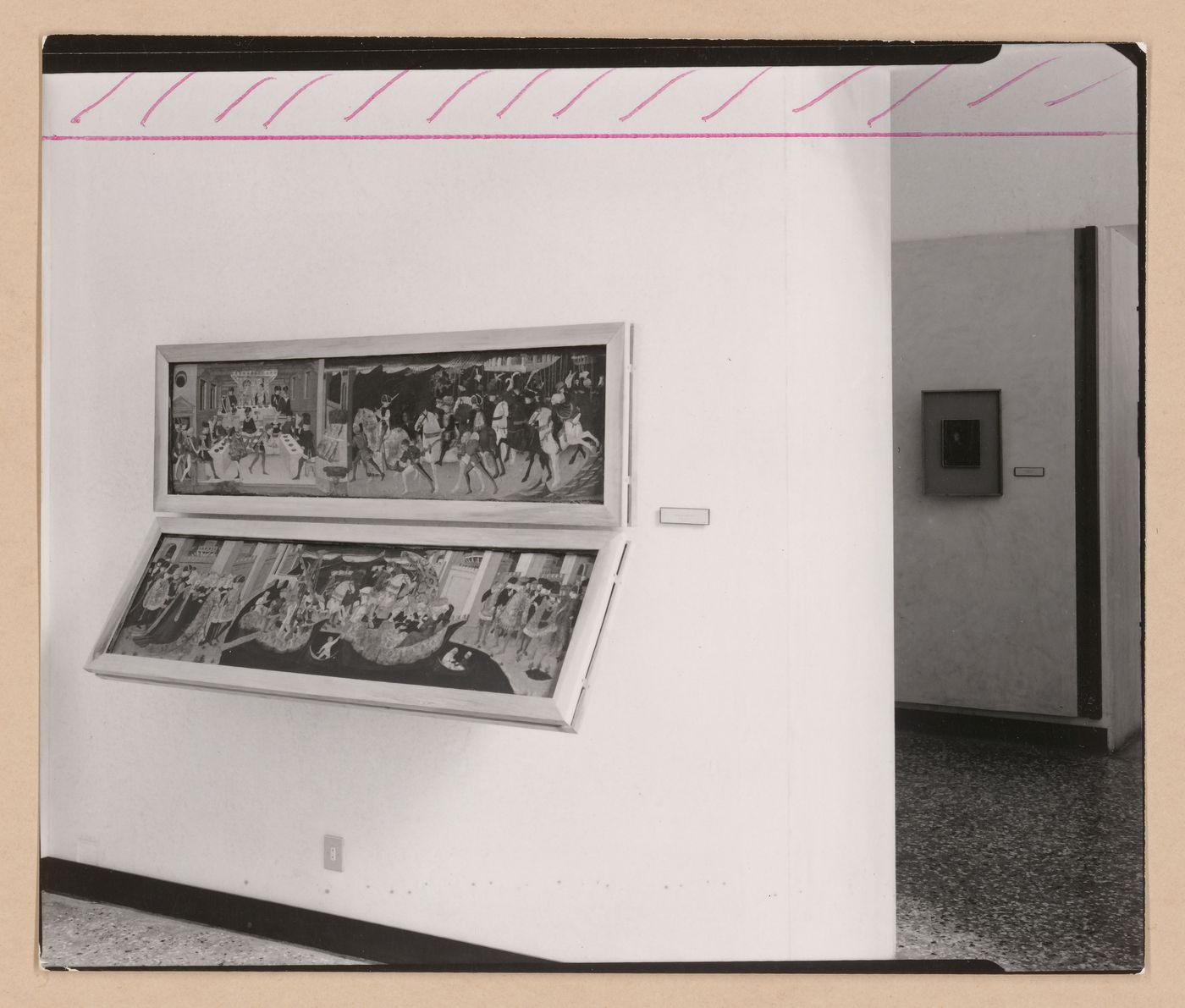 Interior view of a gallery showing two paintings, one of which is projecting from the wall, Museo Correr, Venice, Italy