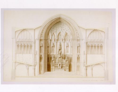 Elevation for the sanctuary and section for the choir for the interior design by Bourgeau et Leprohon for Notre-Dame de Montréal