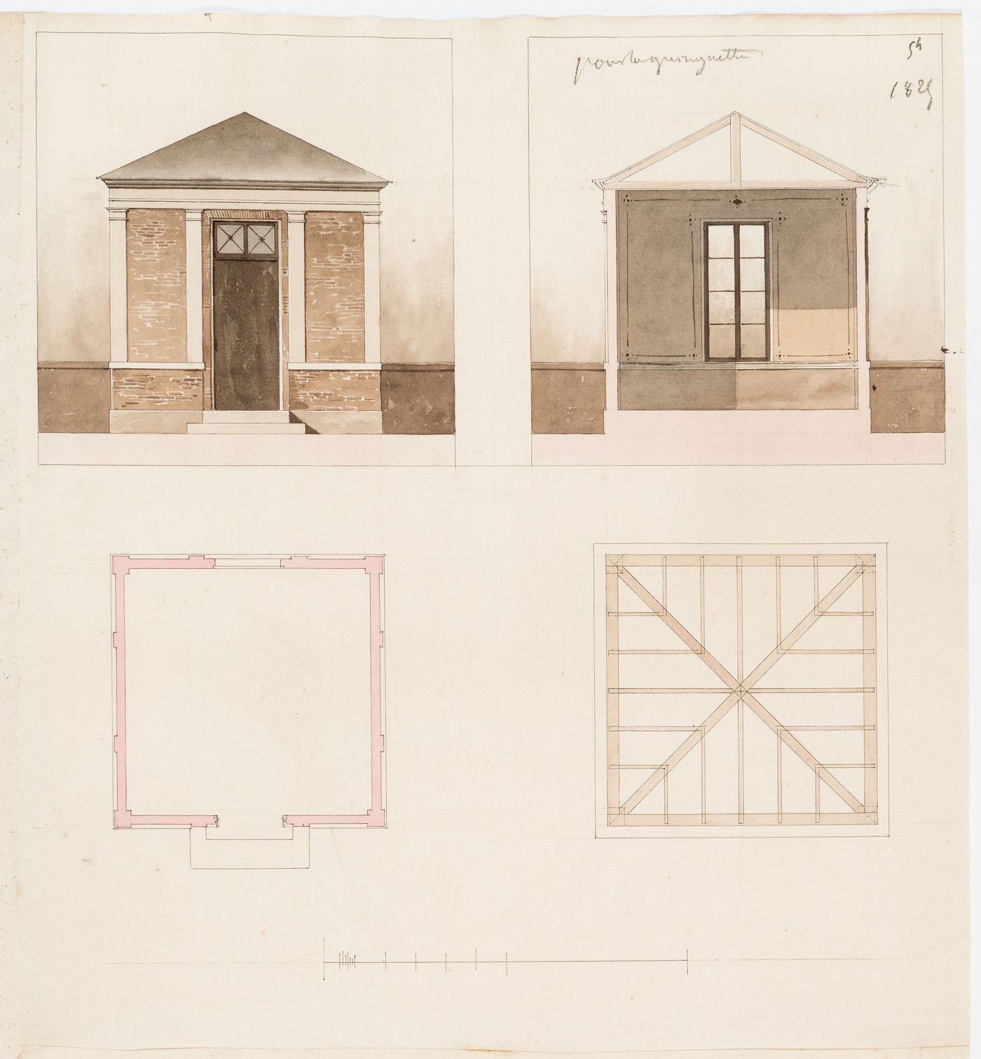 Elevation, section, and plans for the garden pavilion for a "guinguette"