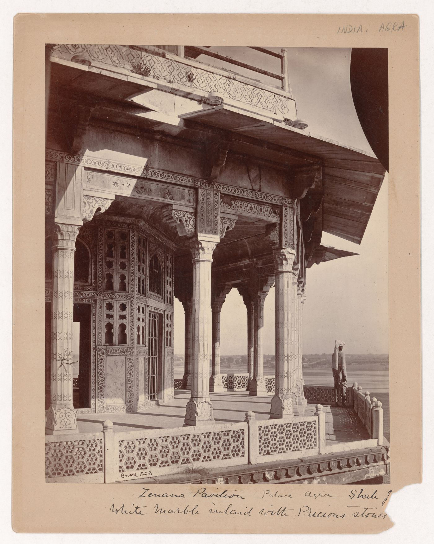 View of a porch [?] of the Zenana (also known as the Ladies' Pavilion) overlooking the Yamuna River (also known as the Jumna River), Agra Fort, Agra, India