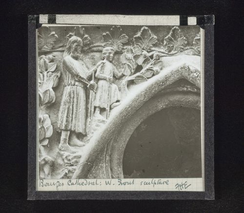 Detail view of relief sculpture on west façade of Cathédrale Saint-Etienne de Bourges, Bourges, France