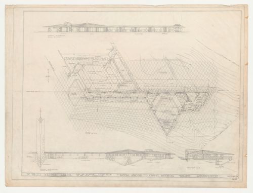 Wayfarers' Chapel, Palos Verdes, California: Plan developed on an equilateral parallelogram grid, north and south elevations and section for the cloister, cloister garden and parish house, including campanile as-built