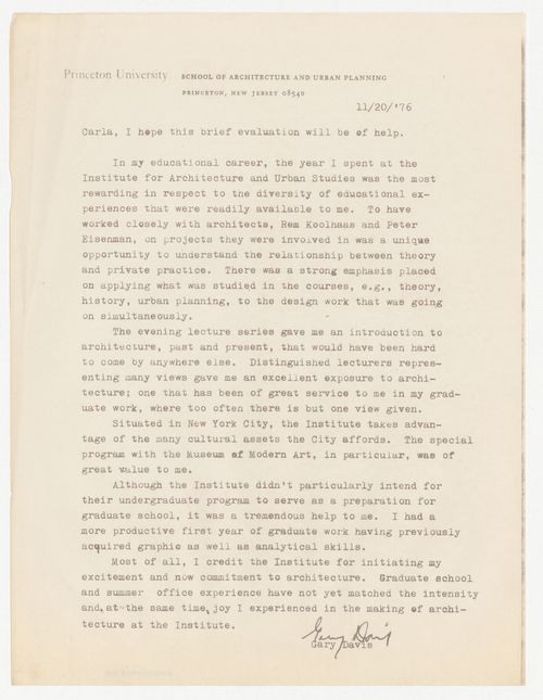 Letter from Gary Davis to Carla Skodinski about Undergraduate Program in Architecture at IAUS