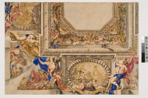 Presentation drawing with half view of the ceiling decoration for a chambre à alcôve, château de Colombes (Hauts-de-Seine), with scenes from the Four Seasons - coving and medallions -, and caryatids supporting upper section