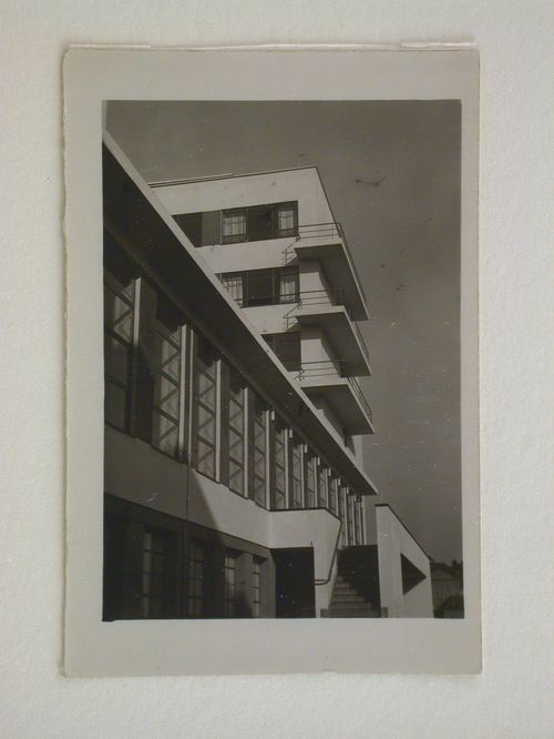 Exterior view of the Bauhaus building showing the auditorium and studio wing, Dessau, Germany