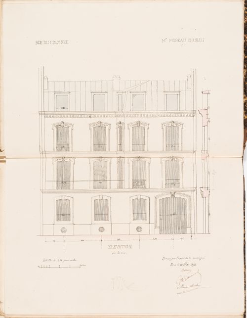 Contract drawing for a house for Monsieur Moreau Chaslon, rue du Colysée, Paris: Elevation for the principal façade with a partial section