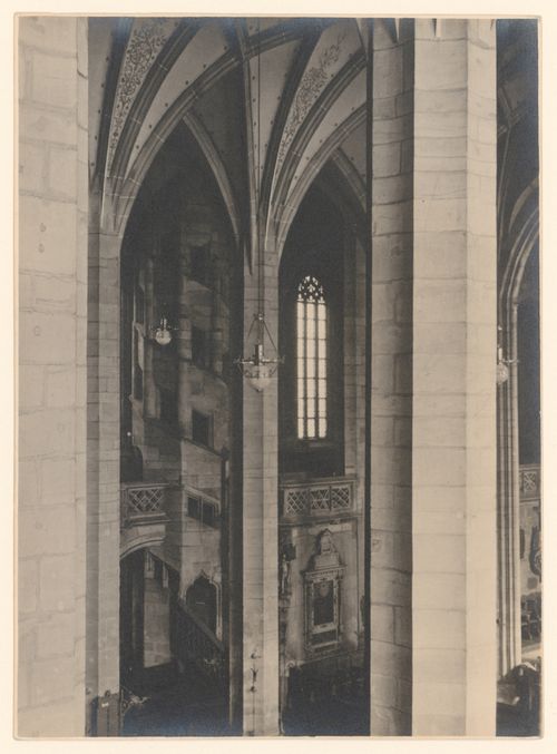 Interior, detail of piers and vaults of nave of large church, from a gallery or other elevated view point