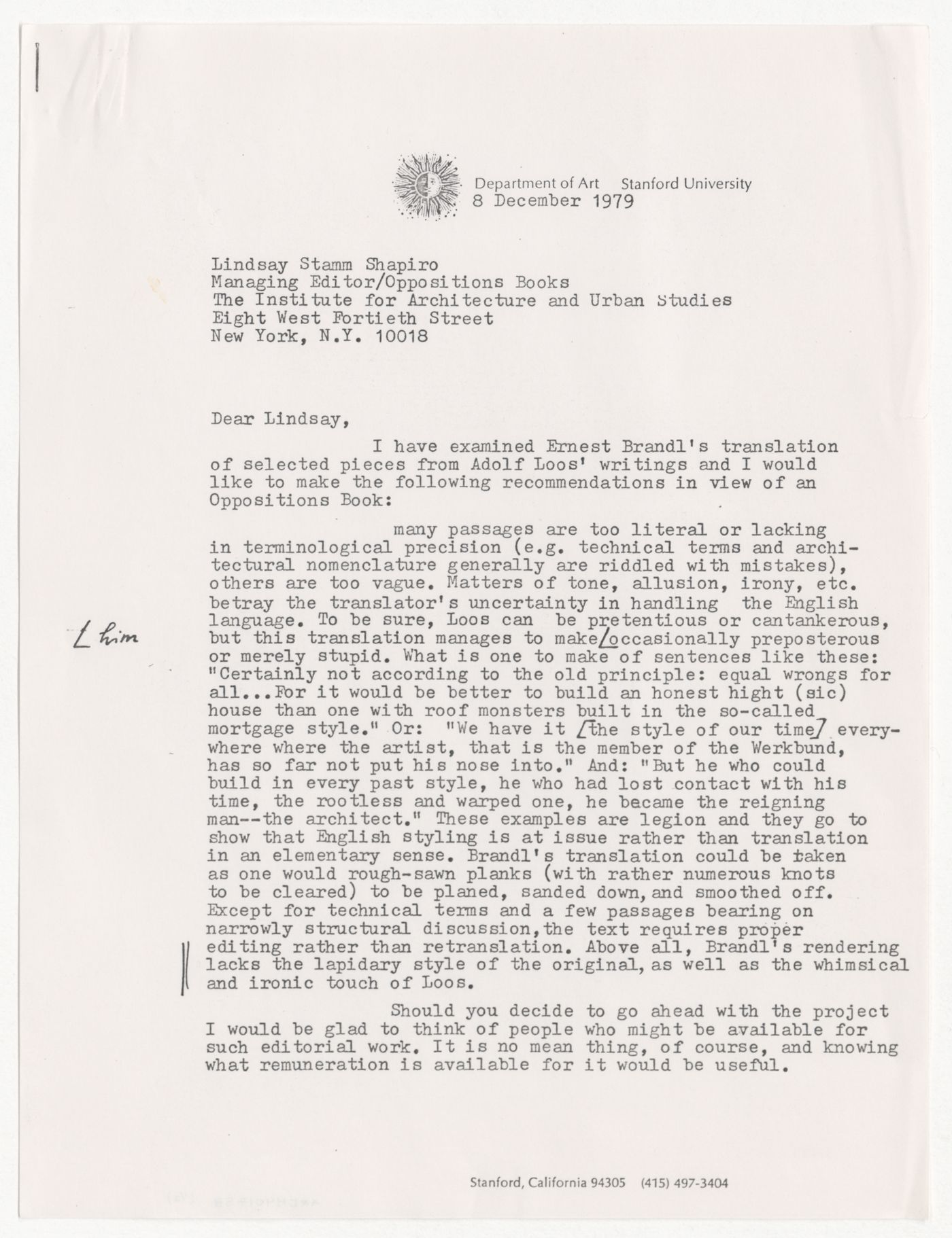 Letter from Kurt W. Forster to Lindsay Stamm Shapiro about publishing Adolf Loos's writings with Oppositions Books