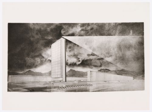 Photograph of a perspective drawing for the Building of Industry showing the building at night, Sverdlovsk, Soviet Union (now Ekaterinburg, Russia)