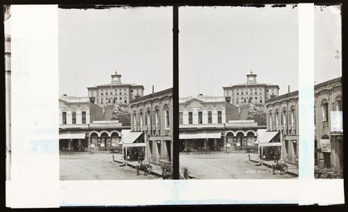 Stereograph of First Los Angeles High School on Poundcake Hill (now Fort Moore Hill), Los Angeles, Califonia, United States of America (relocated 1887)