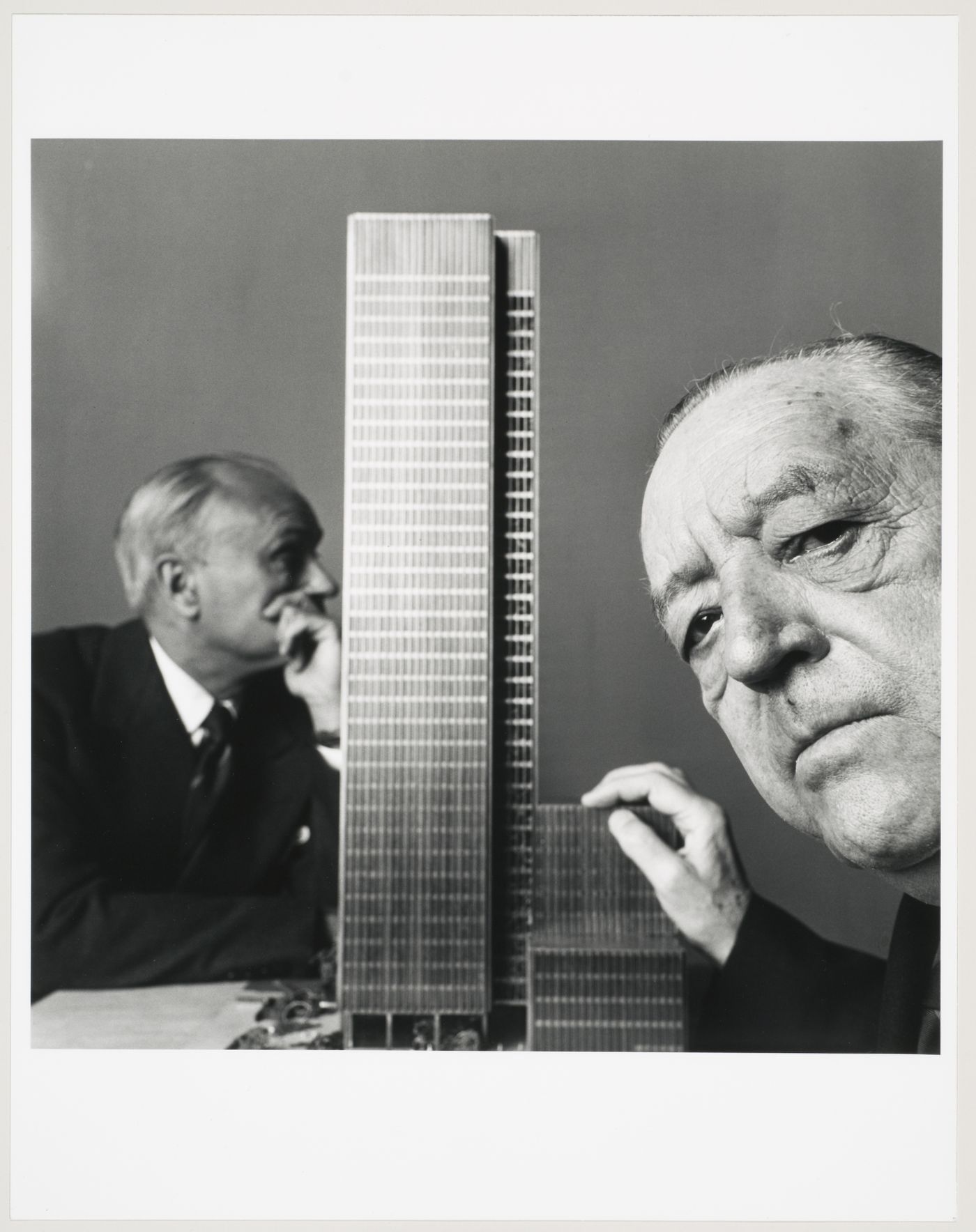 Portrait of Mies van der Rohe and Philip Johnson with the model of the Seagram Building, New York City, New York, United States