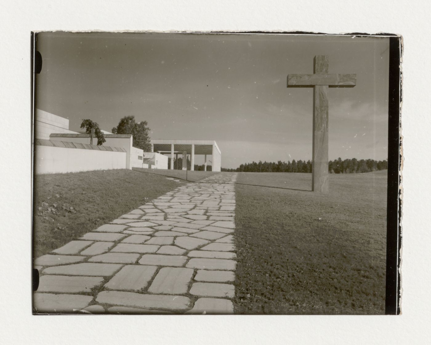 Exterior view of the Chapel of Hope and the loggia of Monument Hall from the Way of the Cross walkway, Woodland Crematorium and Cemetery, Stockholm