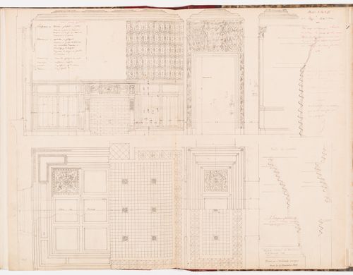 Interior elevation, reflected ceiling plan, plan for the floor tile pattern, and moulding profiles for the "salle sur la cour" or the "salle d'armes" on the second floor, Hôtel Soltykoff