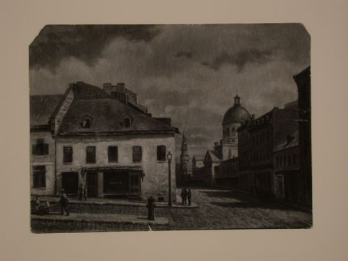 Photograph of a painting of corner of St-Paul and Place Jacques Cartier, Montréal