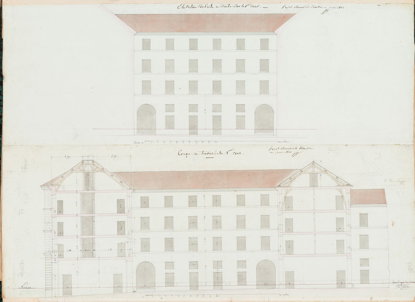 Project for the caserne de la Gendarmerie royale, rue Mouffetard: Section through the first courtyard