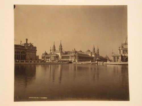 View of the north and east façades of the Machinery Hall showing the Agricultural Building on the left and the Administration Building on the right from across the Grand Basin, 1893 Chicago World's Columbian Exhibition, Chicago, Illinois