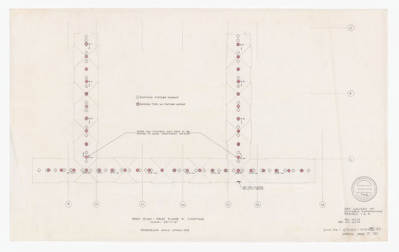 First floor D lighting part plan for Henry Moore Sculpture Centre, Art Gallery of Ontario, Stage I Expansion, Toronto