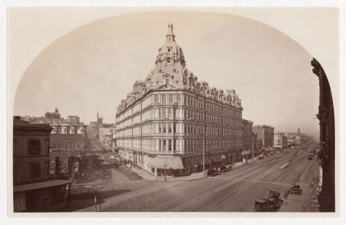 San Francisco, l'hôtel et le théâtre Baldwin, à l'angle de Market Street et Powell Street.