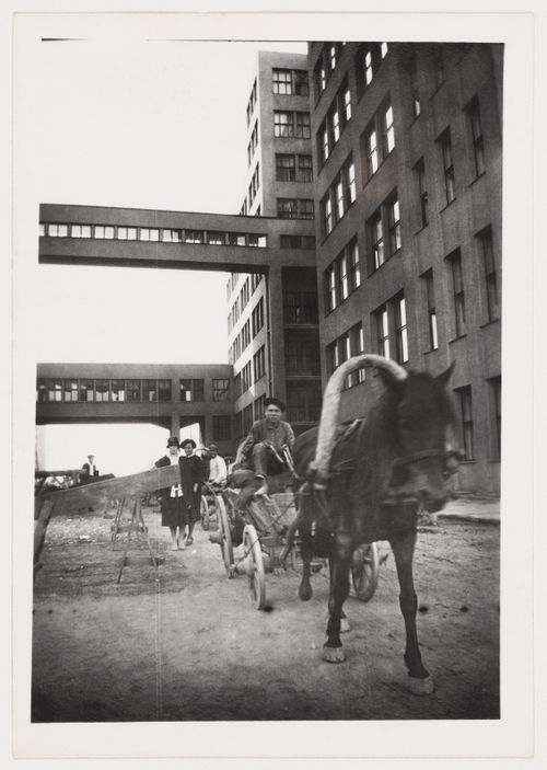 Exterior view of the Department of Industry and Planning (Gosprom) buildings showing the elevated walkways, Kharkov, Soviet Union (now in Ukraine)