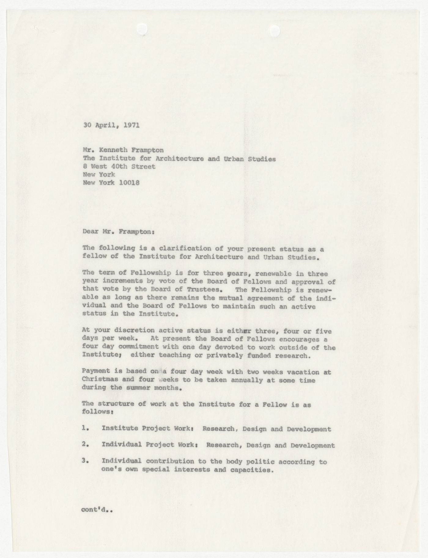 Letter from Peter D. Eisenman to Kenneth Frampton about Frampton's role as a Fellow
