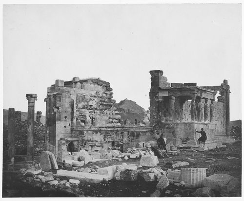 View of the Erechtheion from the southwest, three figures standing on site, Acropolis, Athens, Greece