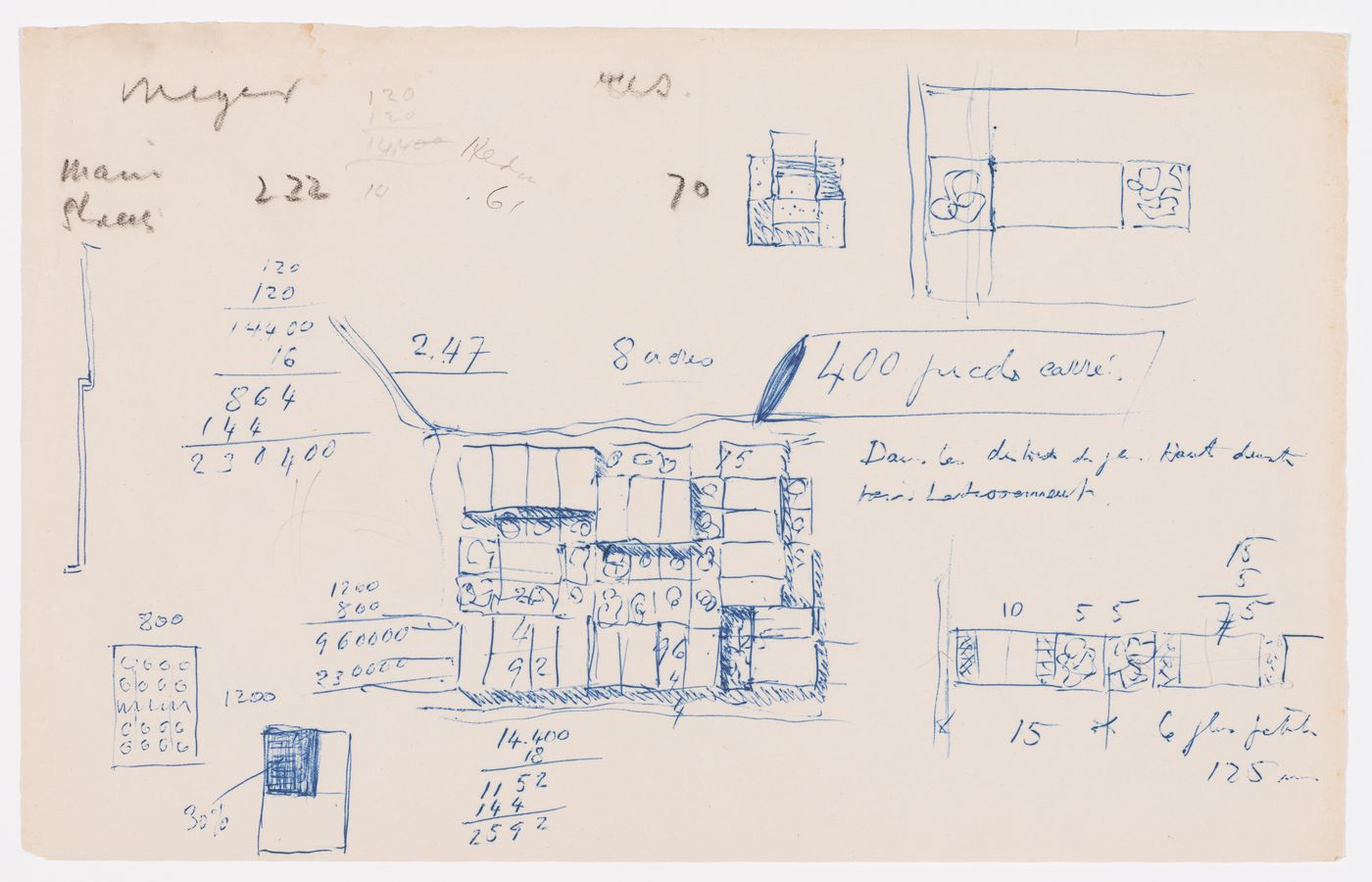 Sketches and notes for dwellings and building possibly in Chandigarh, India