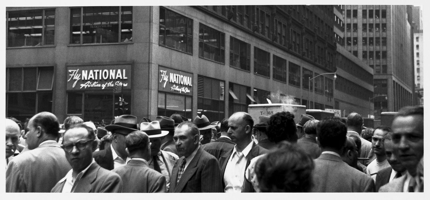 Panoramic view of a crowded street in the garment district, New York City, New York
