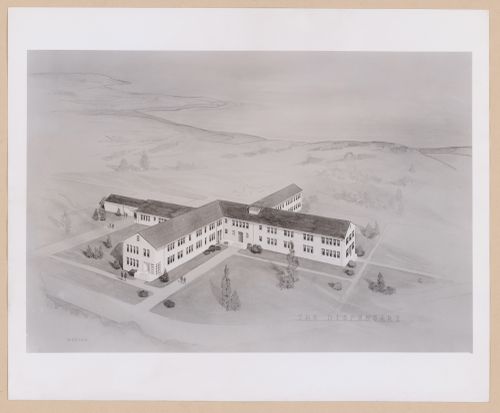 Photograph of an bird's-eye perspective drawing for or of the Dispensary, United States Naval Air Base, Kodiak, Alaska